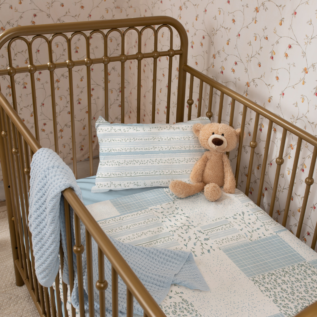 Petite Belle Flora Patchwork Crib Set- Light Blue/Grey