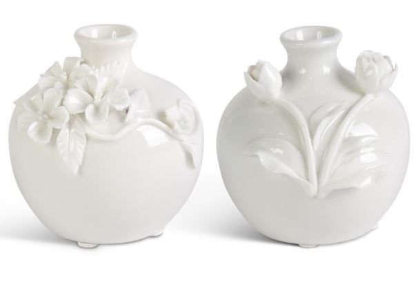 Short White Ceramic Vase with Raised Flowers