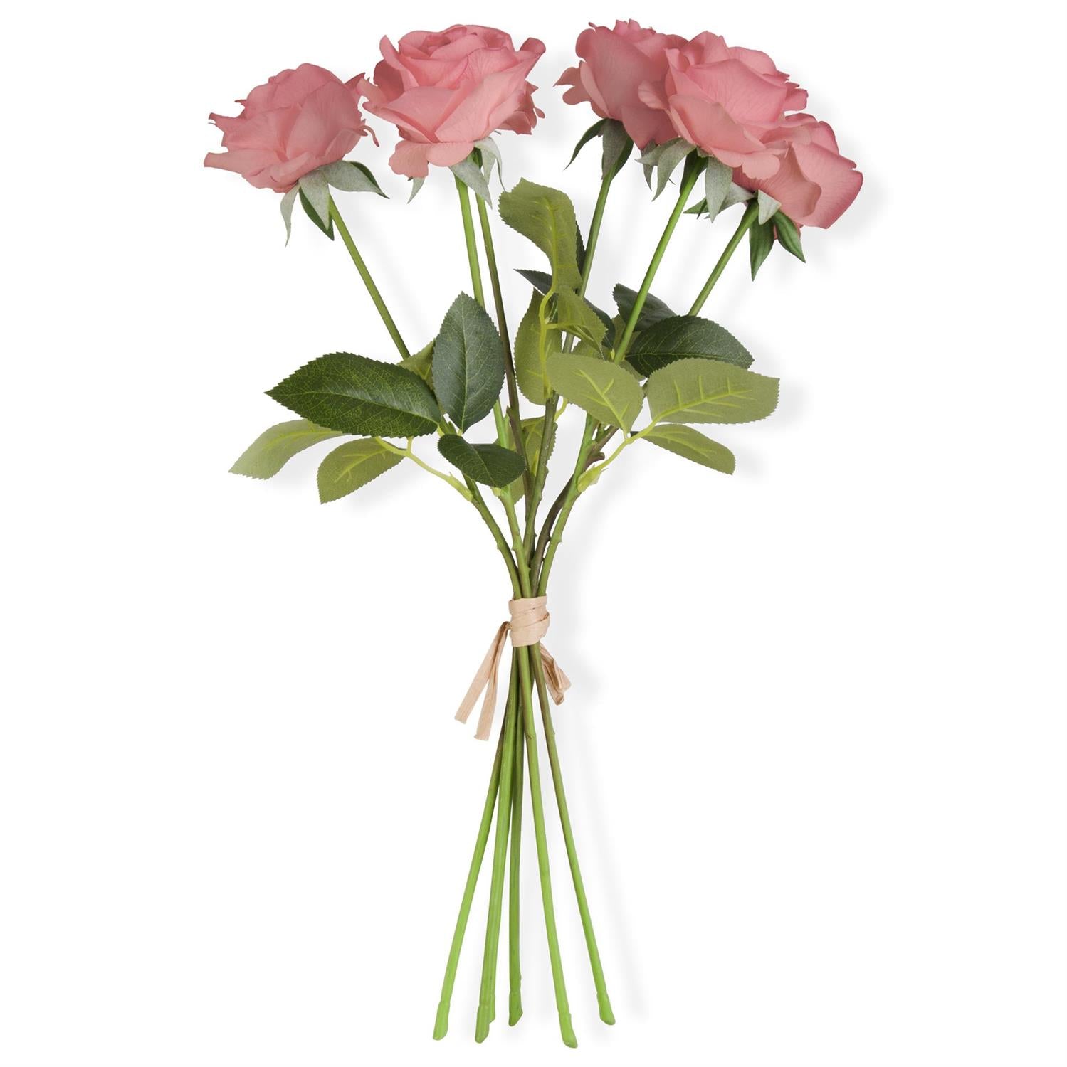 Coral real-touch faux rose bundle with green foliage