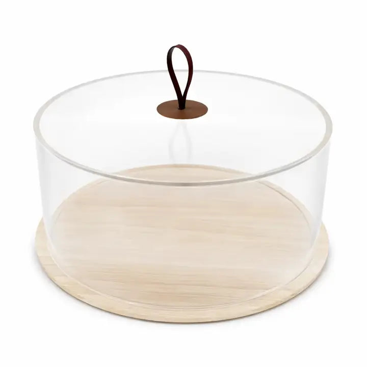 TAJ Designs light wood and tassel acrylic cake dome