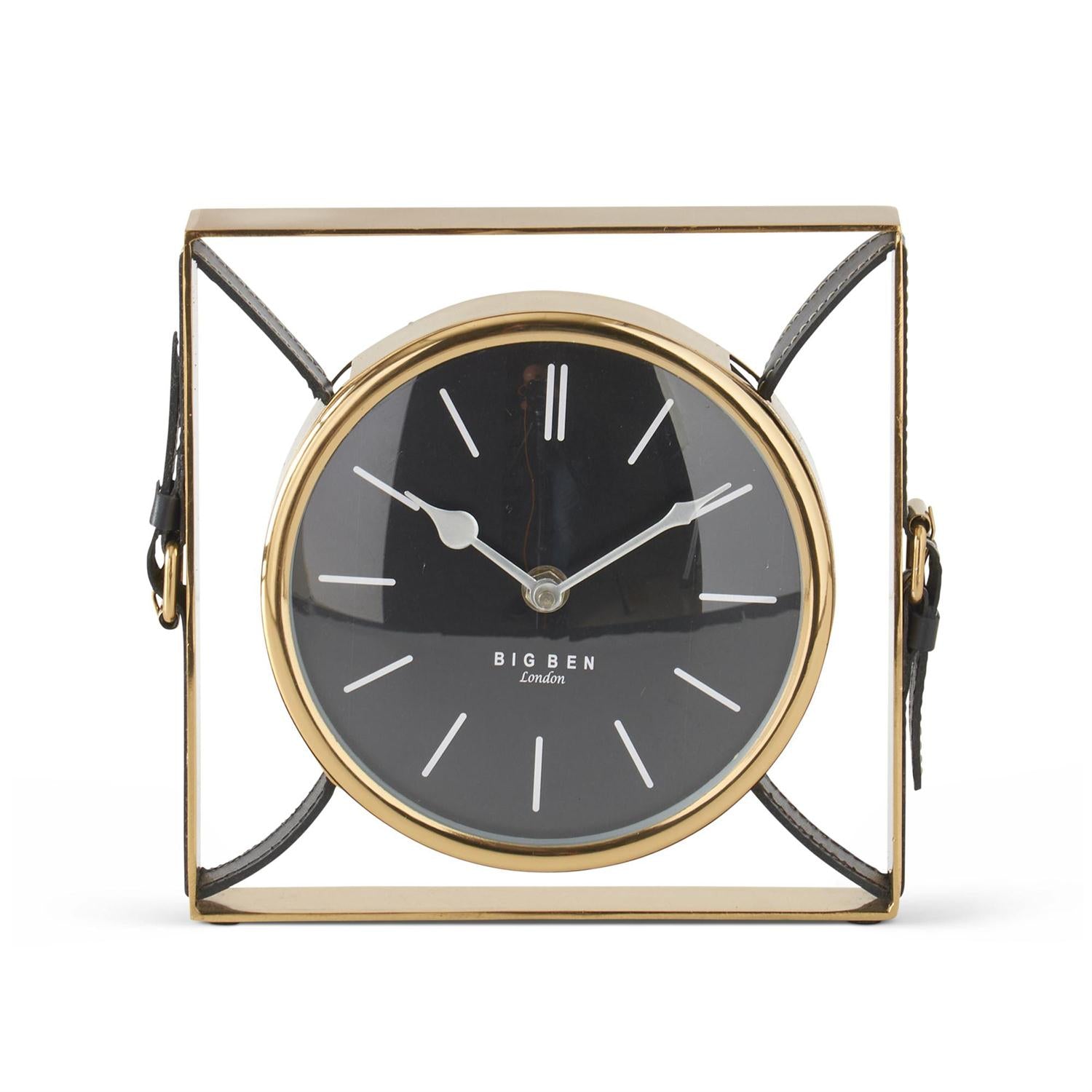 Square Gold Metal w/Black Leather Big Ben London Table Clock