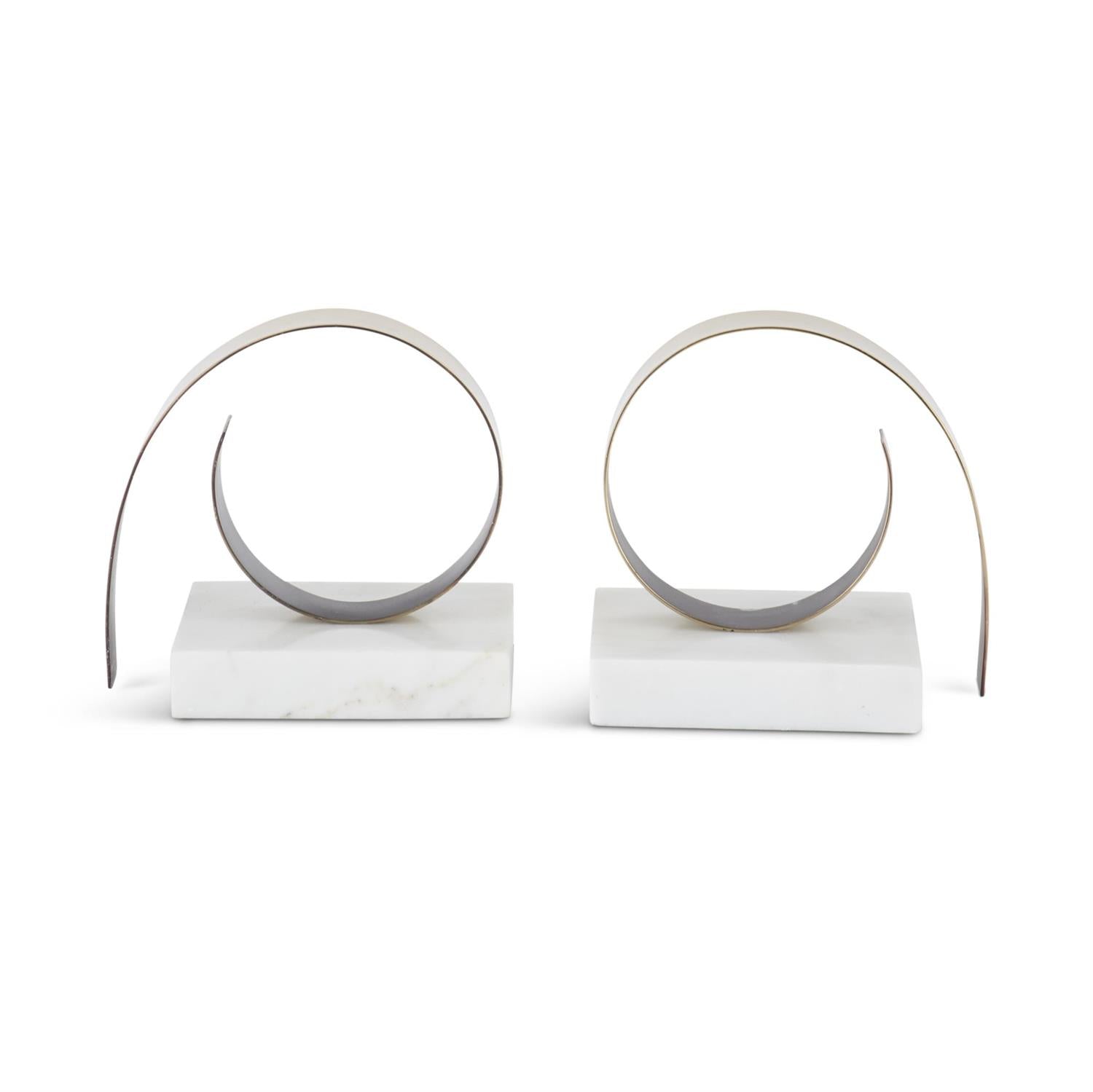 Gold Metal Coil & White Marble Bookends Set