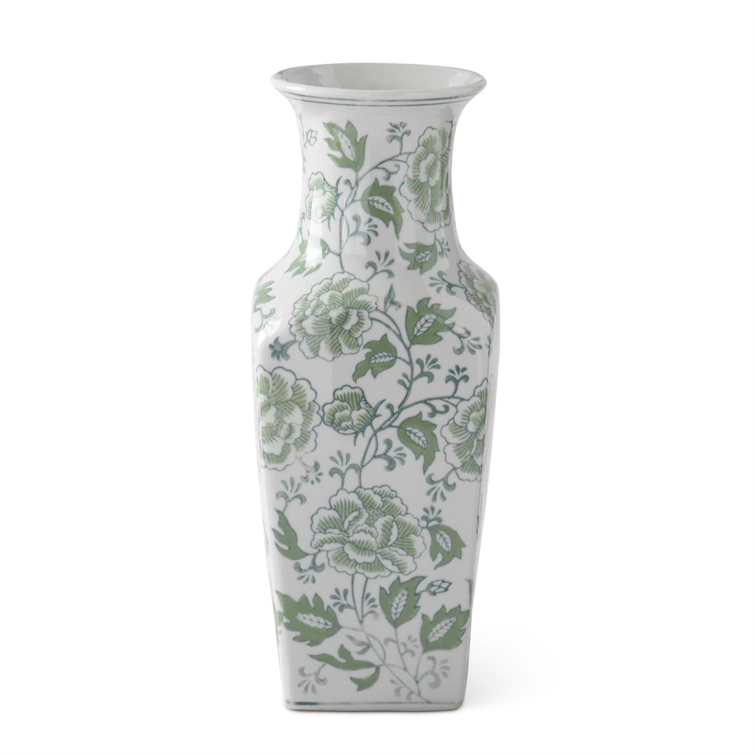 Green and white floral ceramic vase