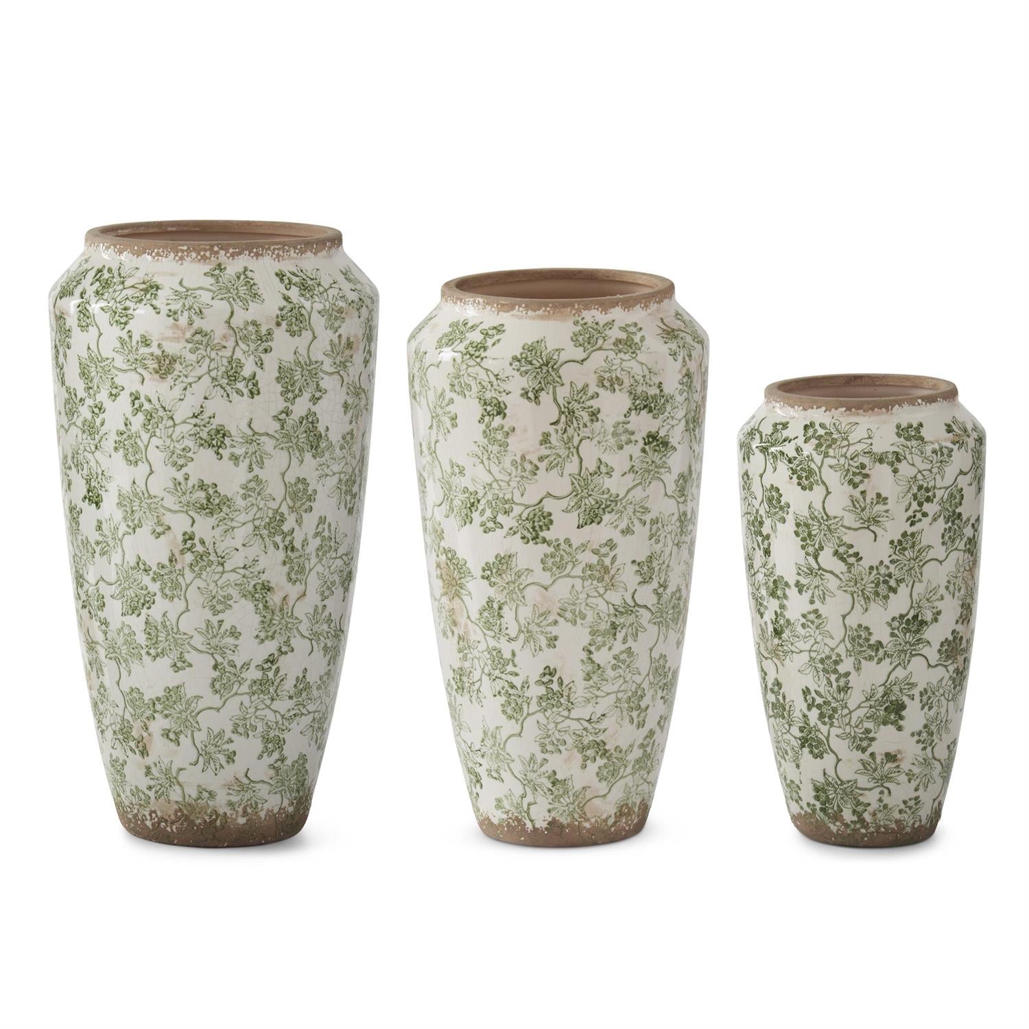 Green and cream crackled ceramic chinoiserie vases