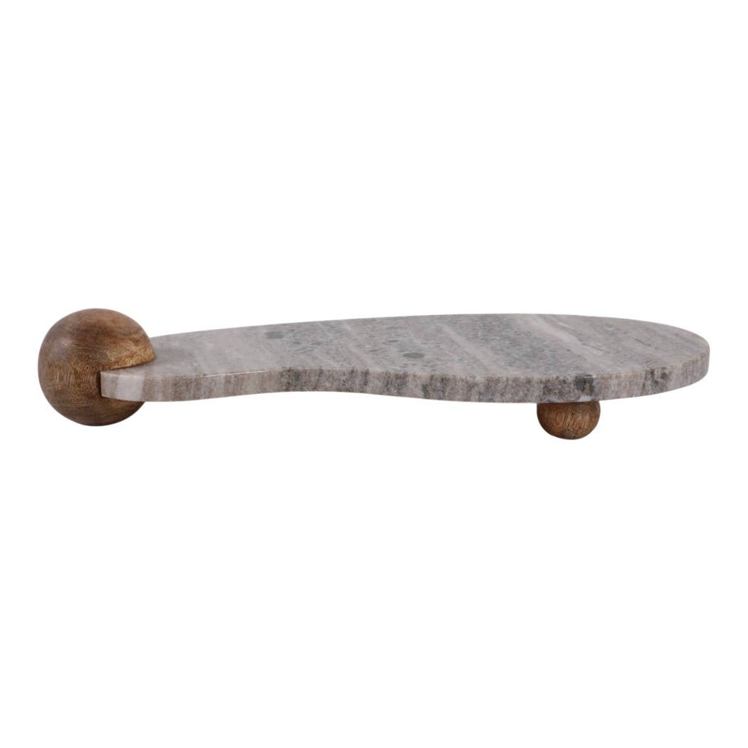 Decorative Tray - Beige Marble Curvy on Wood Ball Feet,17 in