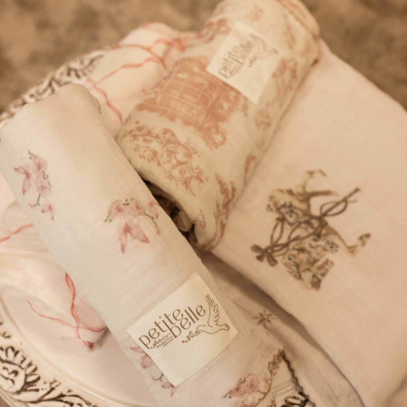 Petite Belle Carousel Mauve Girl Swaddle & Burp Cloth Set