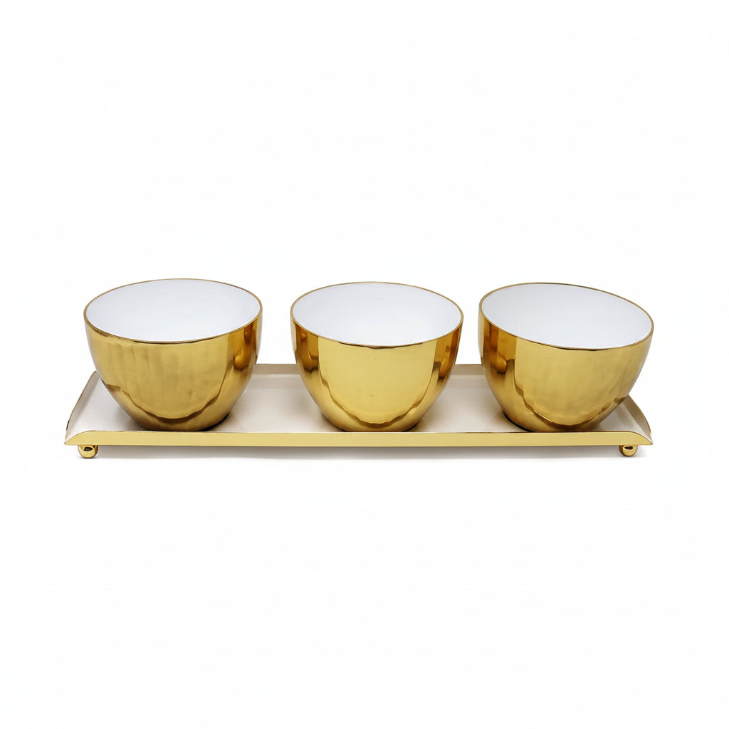 3 Bowl Relish Dish Gold/White