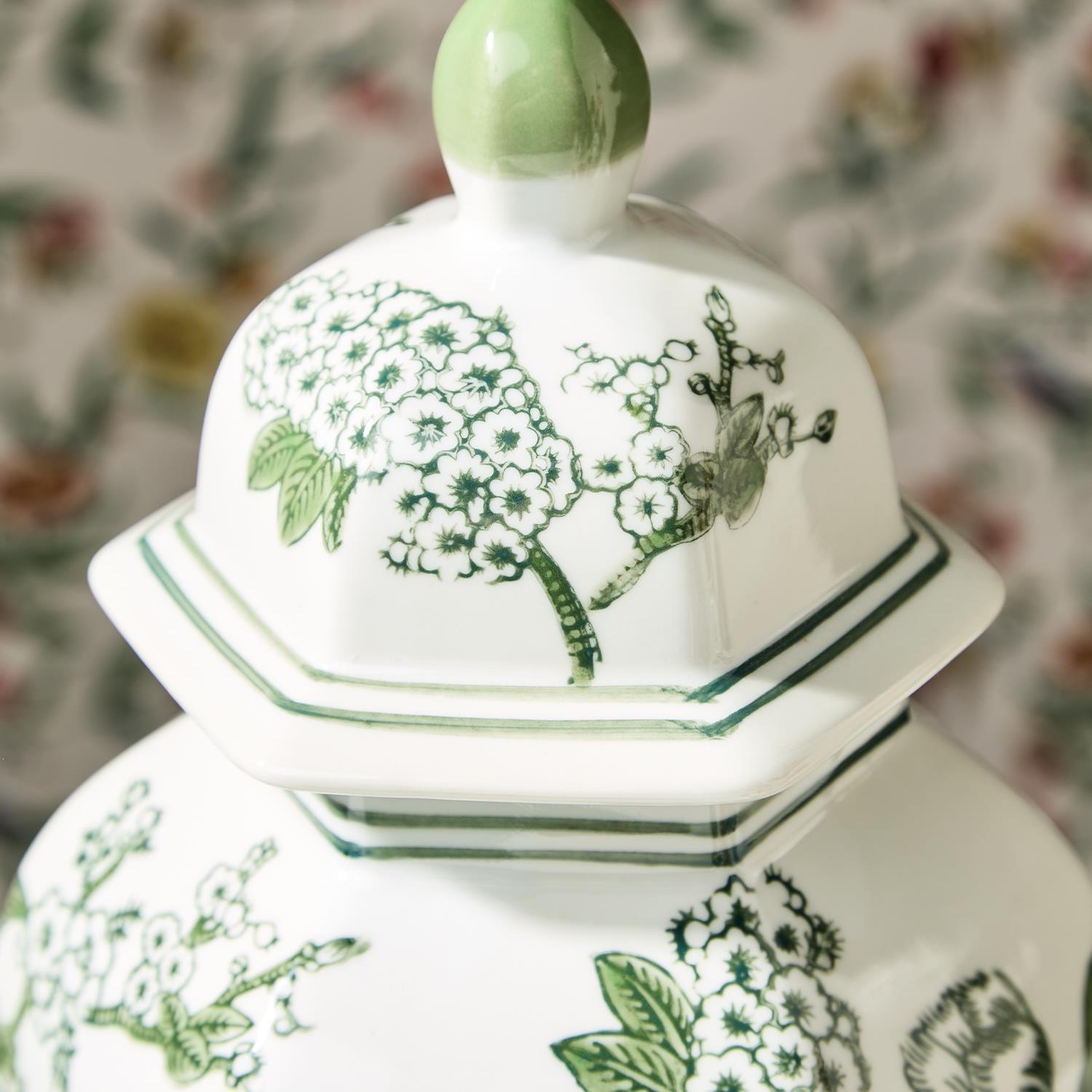 Primrose and Lotus Chinoiserie Hexagonal Jar with Lid