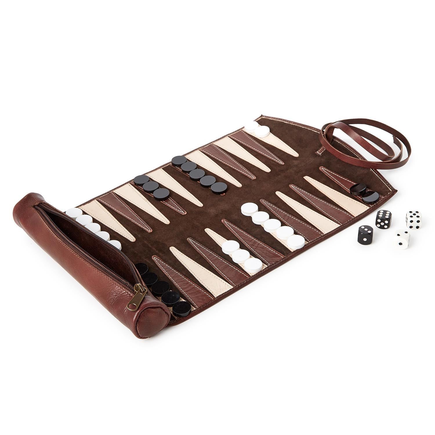 Roll-Up Portable Genuine Leather Backgammon Game Set