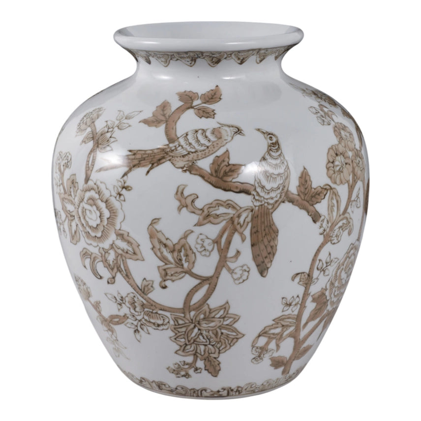 Brown Ceramic Birds and Vine Vase 10in