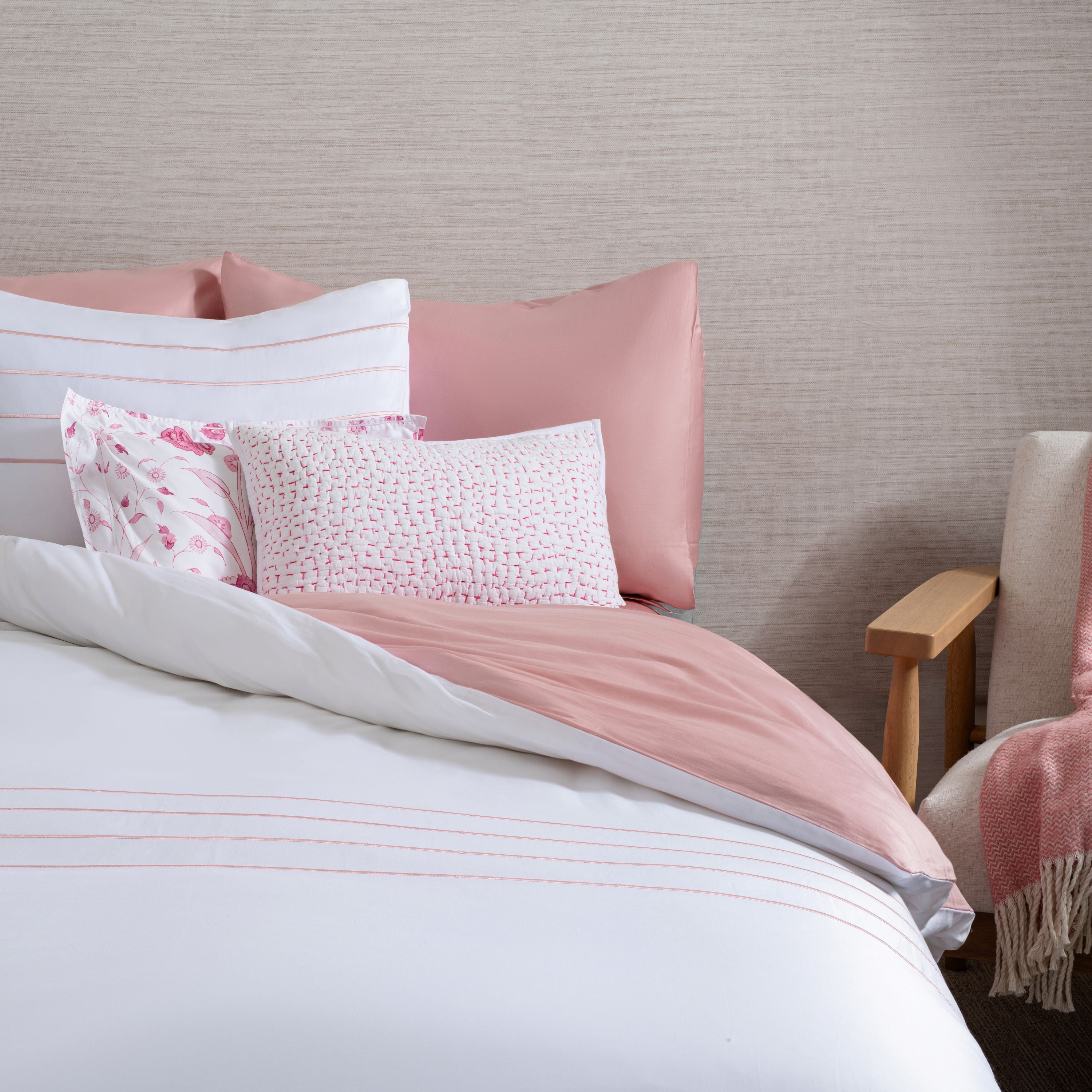 Aura Home Pink Striped Embroidered Duvet Set