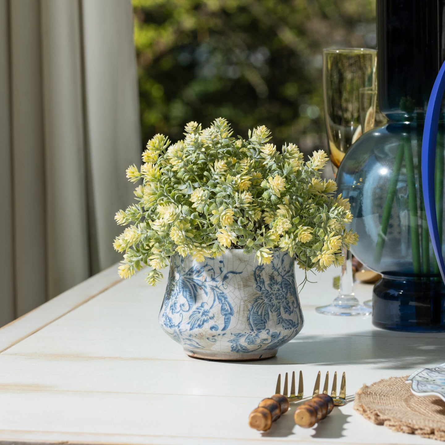 Flaura Sedum Bush in Blue Floral Pot