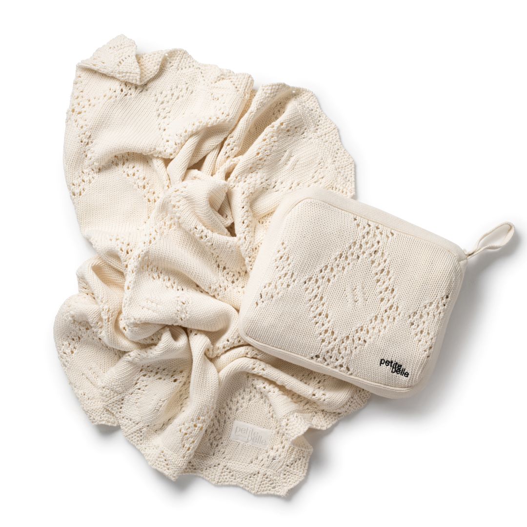 Petite Belle Ivory Diamond Crochet Knit Blanket & Pouch Set