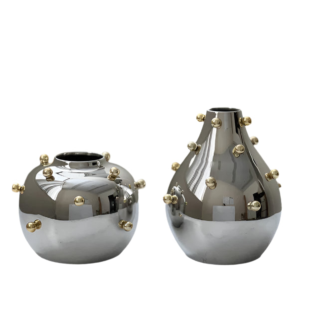 Stainless Steel Vase With Gold Balls- Large