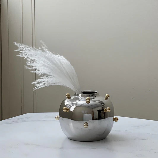 Stainless Steel Vase With Gold Balls- Large