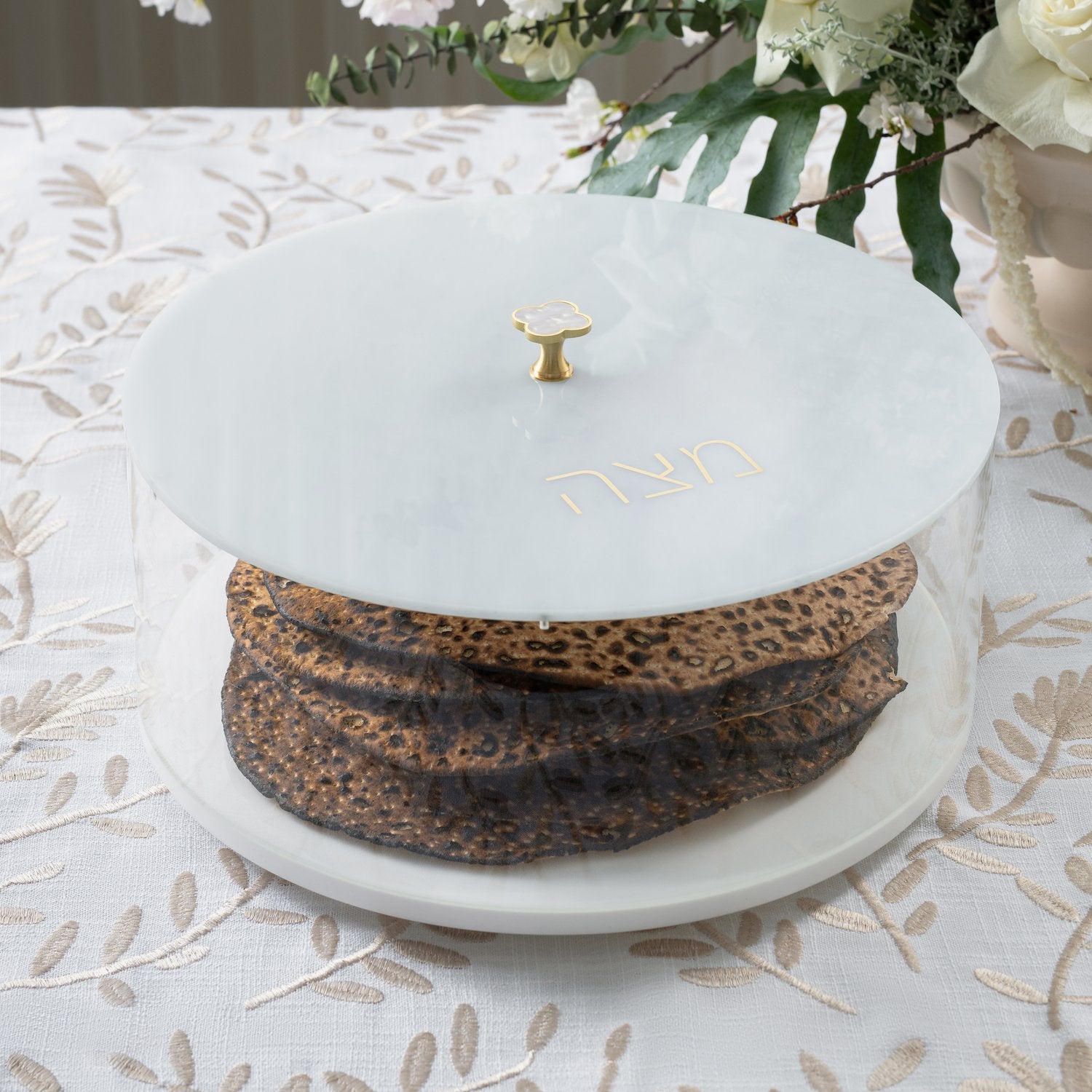 Round White Acrylic Matzah Box with Brass Flower Knob