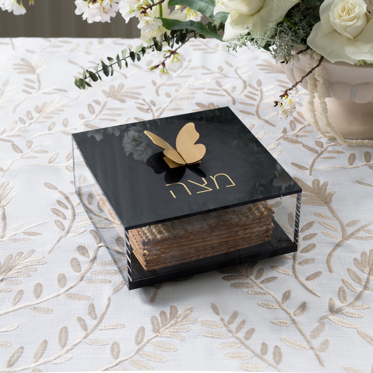 Square Black Acrylic Matzah Box with Brass Butterfly Knob