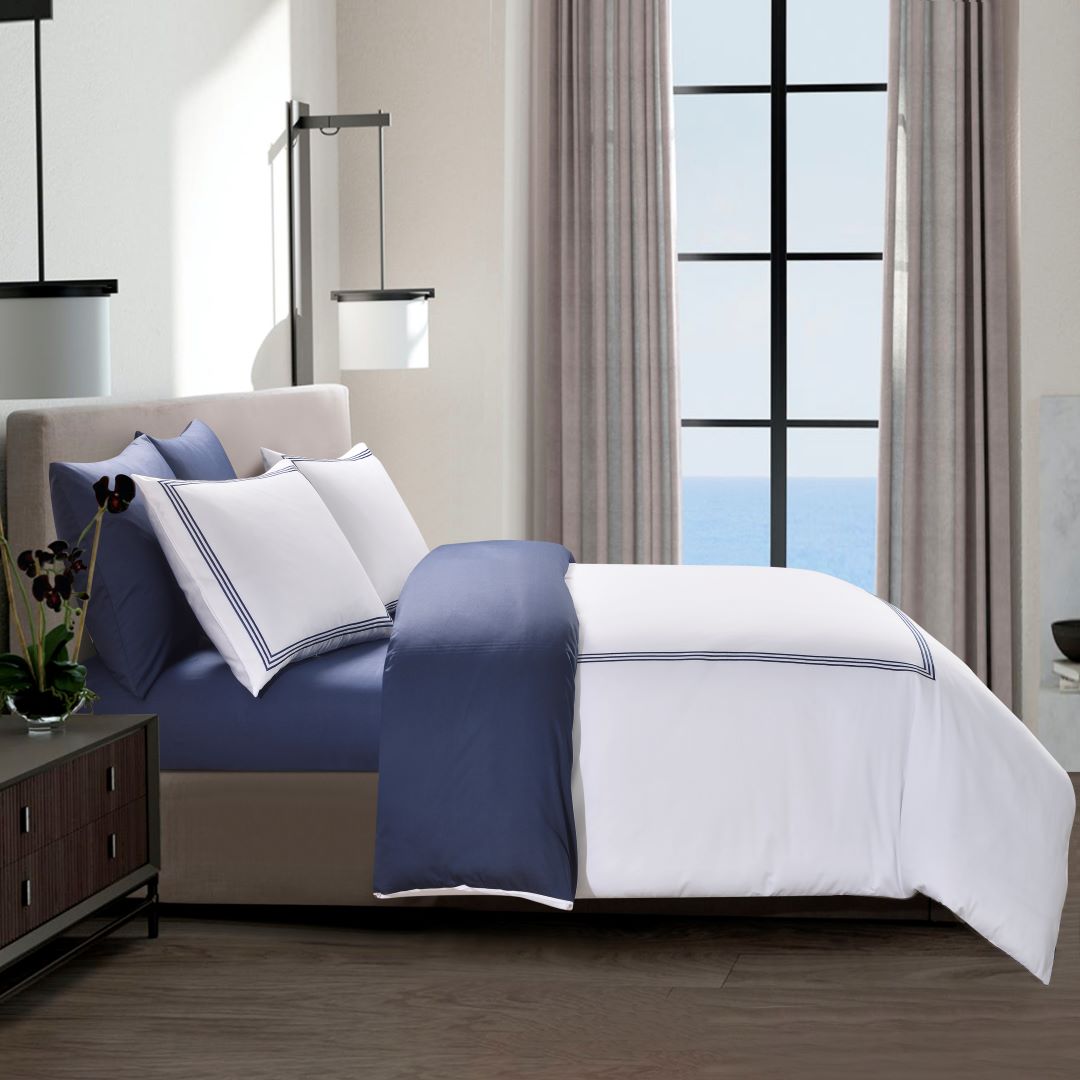 Aura Home Navy Embroidered Hotel Duvet Set