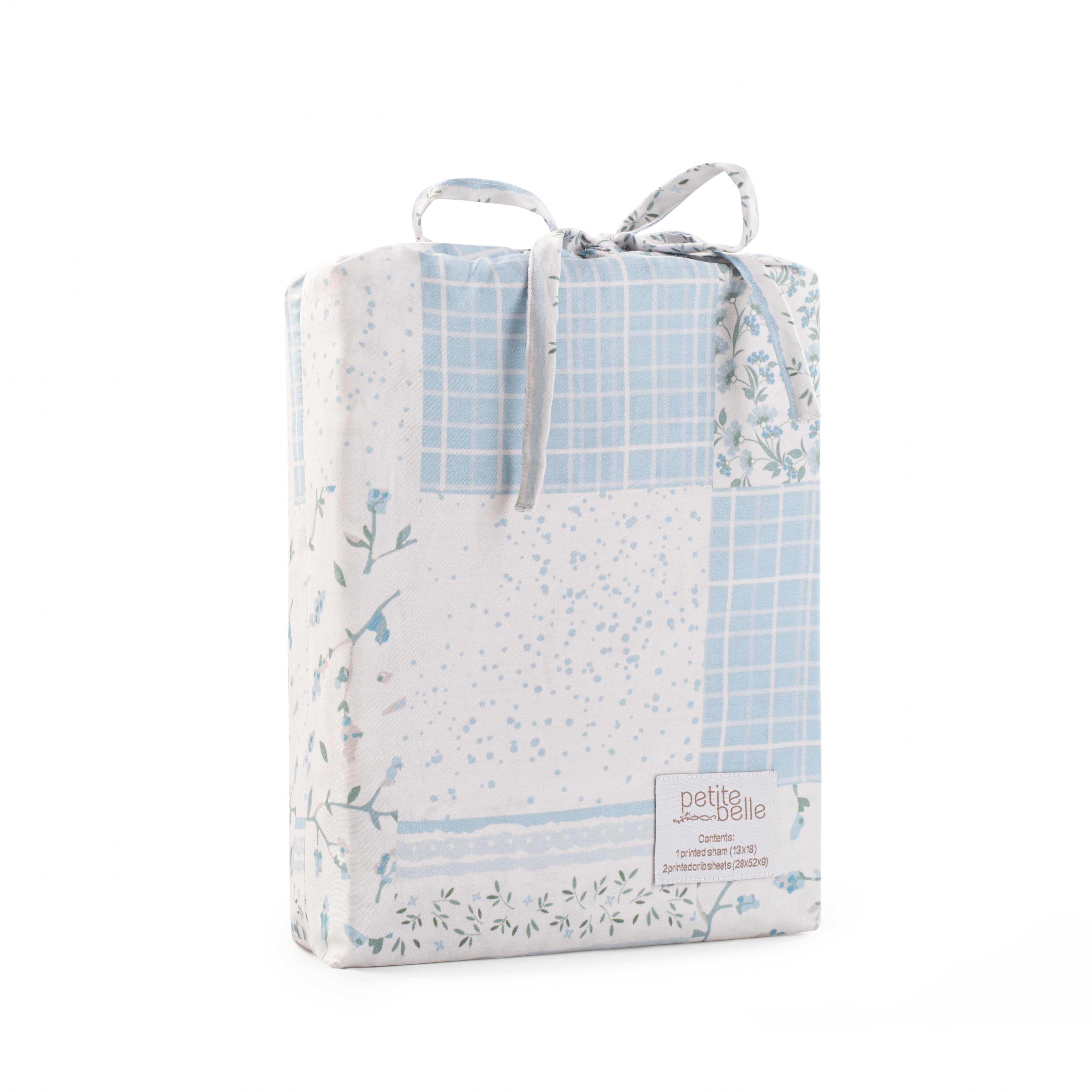 Petite Belle Flora Patchwork Standard Crib Sheet Set- Light Blue/Grey