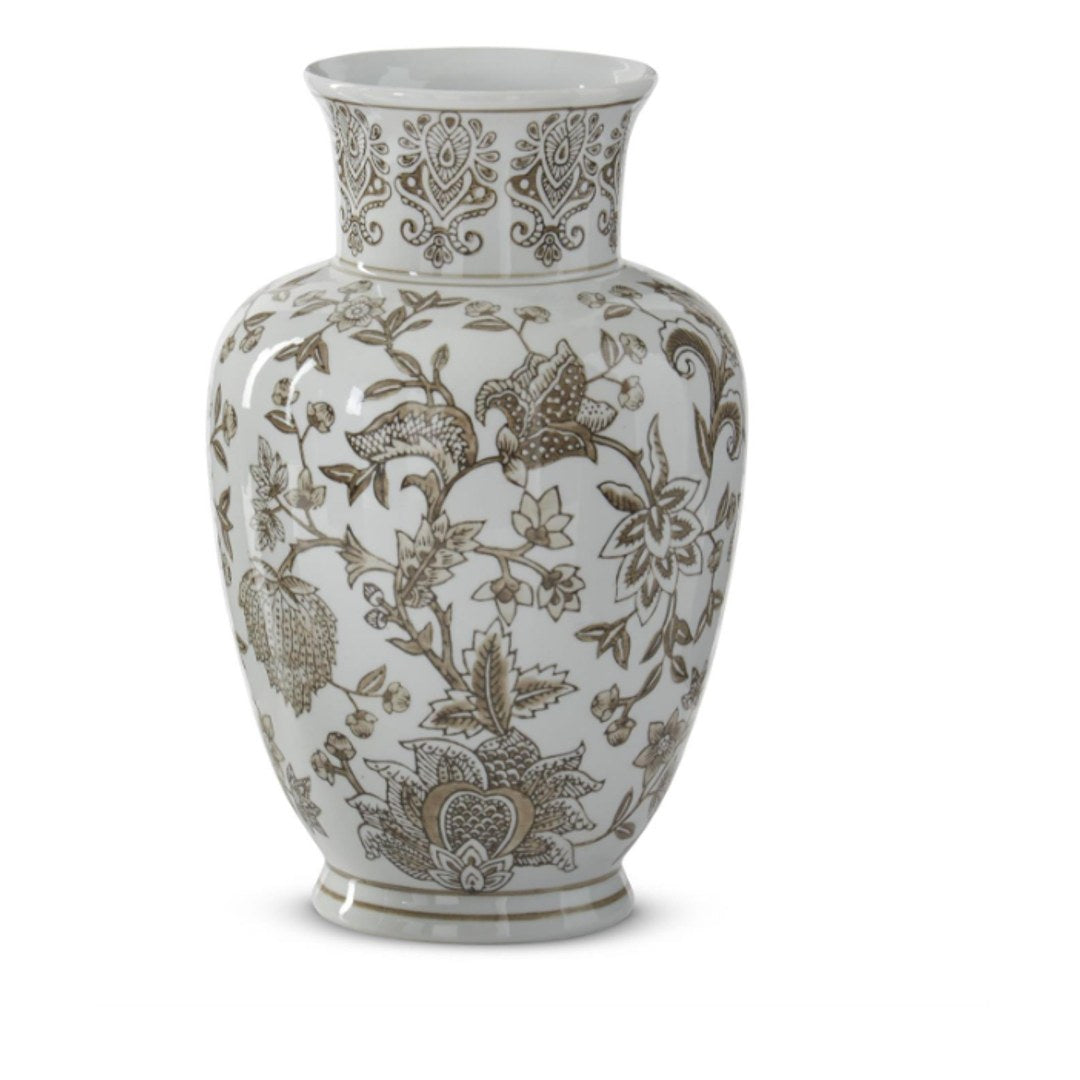 11.75 Inch Taupe & White Porcelain Chinoiserie Vase