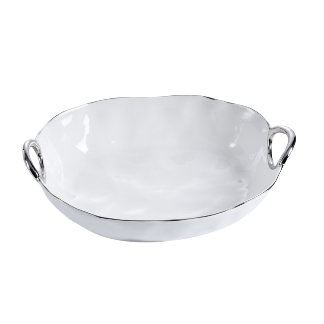 White Porcelain Deep Oval Server with Silver Handles