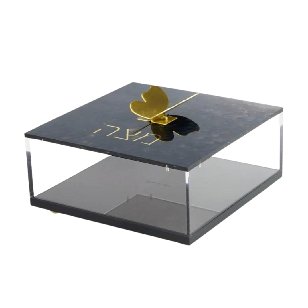 Square Black Acrylic Matzah Box with Brass Butterfly Knob