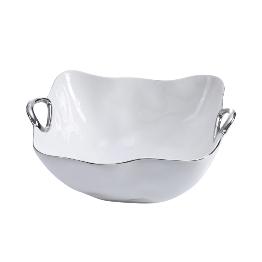 White Porcelain Large Bowl with Silver Handles