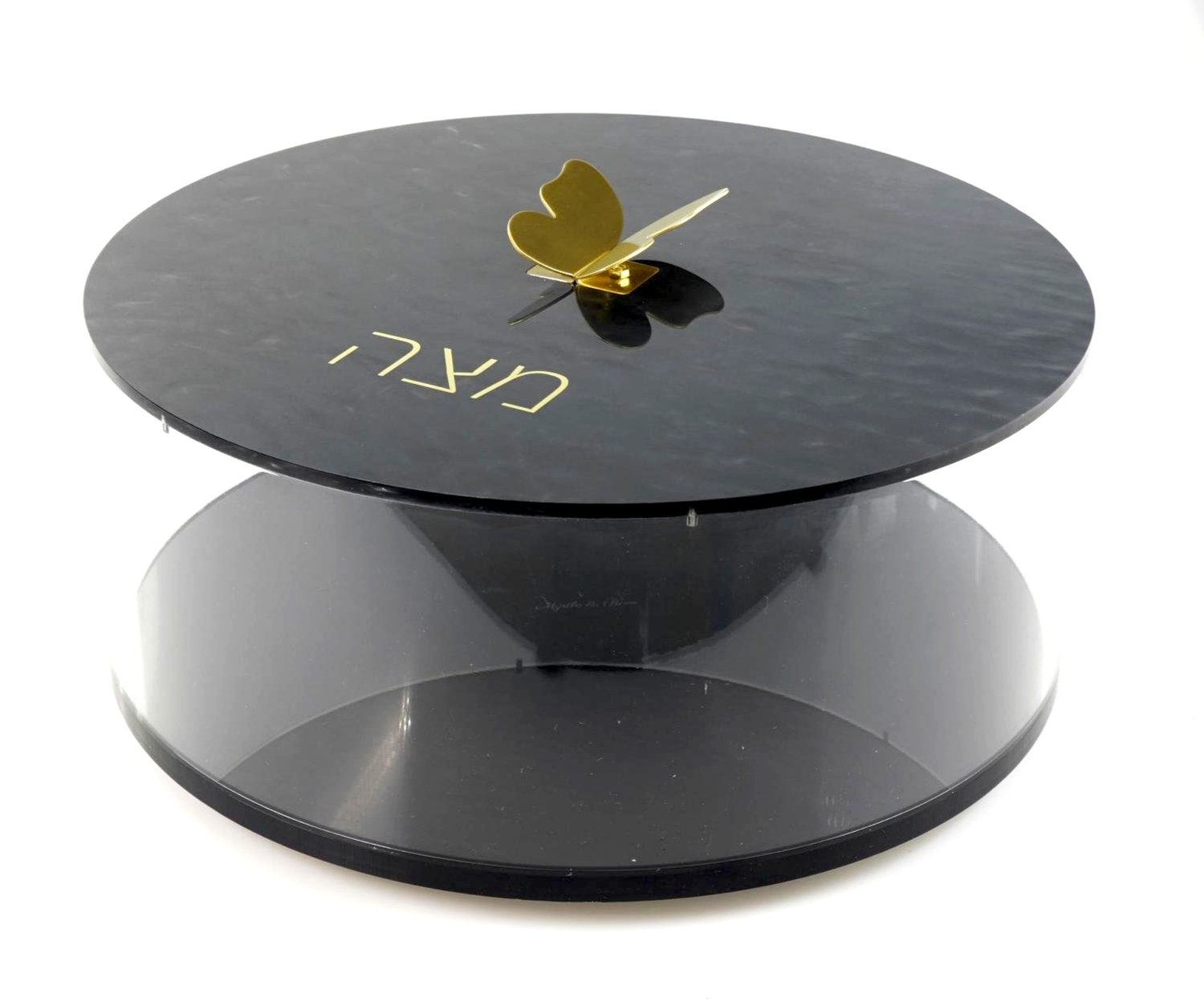 Round Black Acrylic Matzah Box with Brass Butterfly Knob