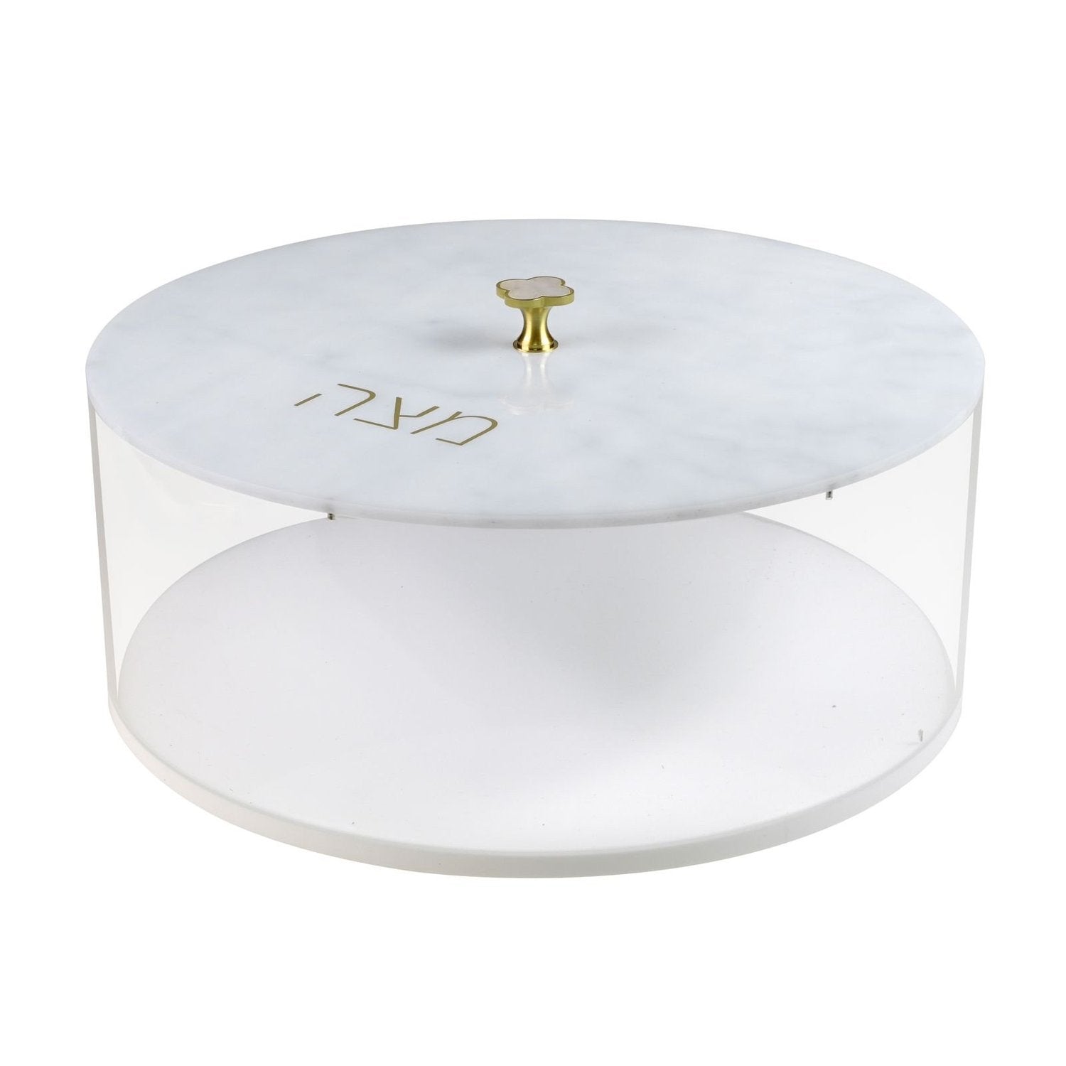 Round White Acrylic Matzah Box with Brass Flower Knob