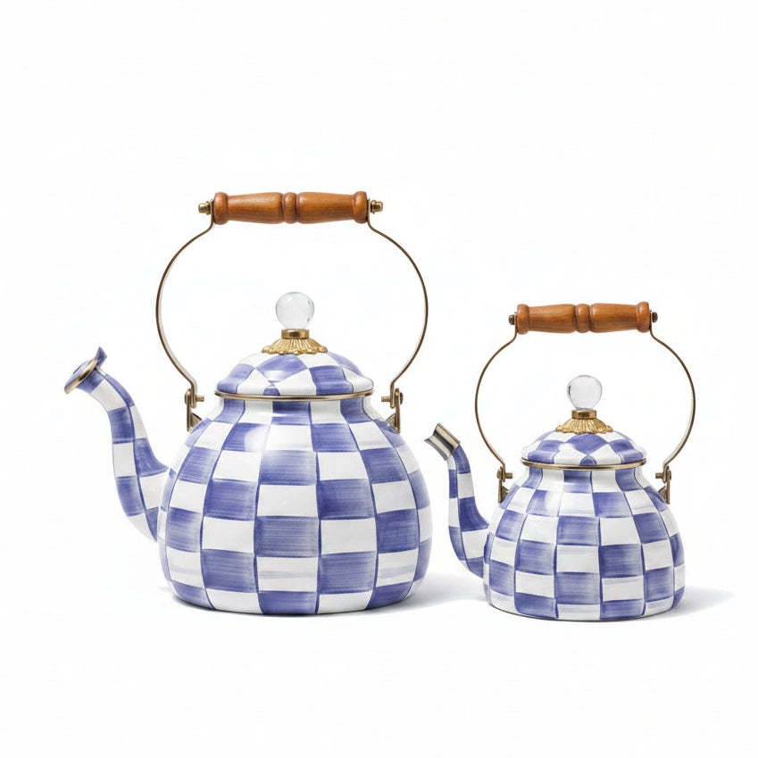MacKenzie-Childs Violet Check tea kettle