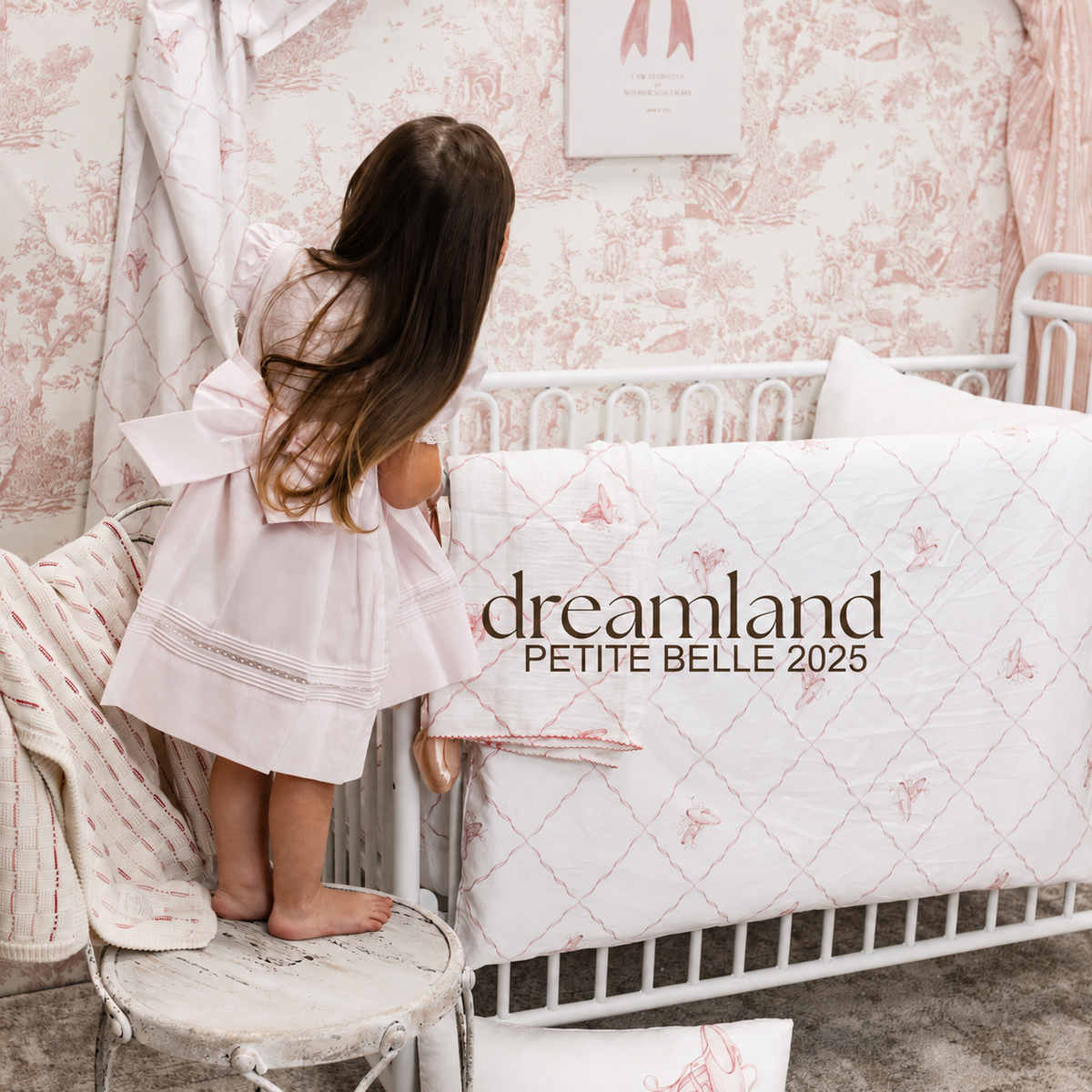 Petite Belle Dreamland collection, soft pink embroidered crib bedding