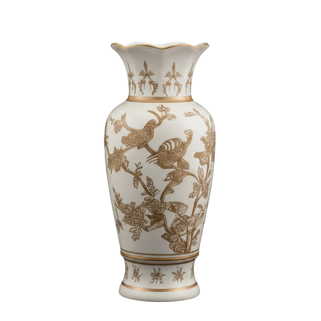 Brown Ceramic Birds and Vine Vase 12in
