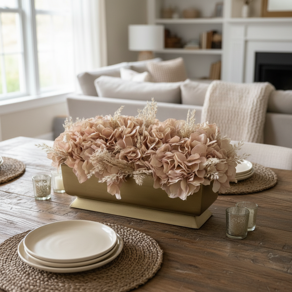 Flaura Beige Hydrangeas in Gold Pot