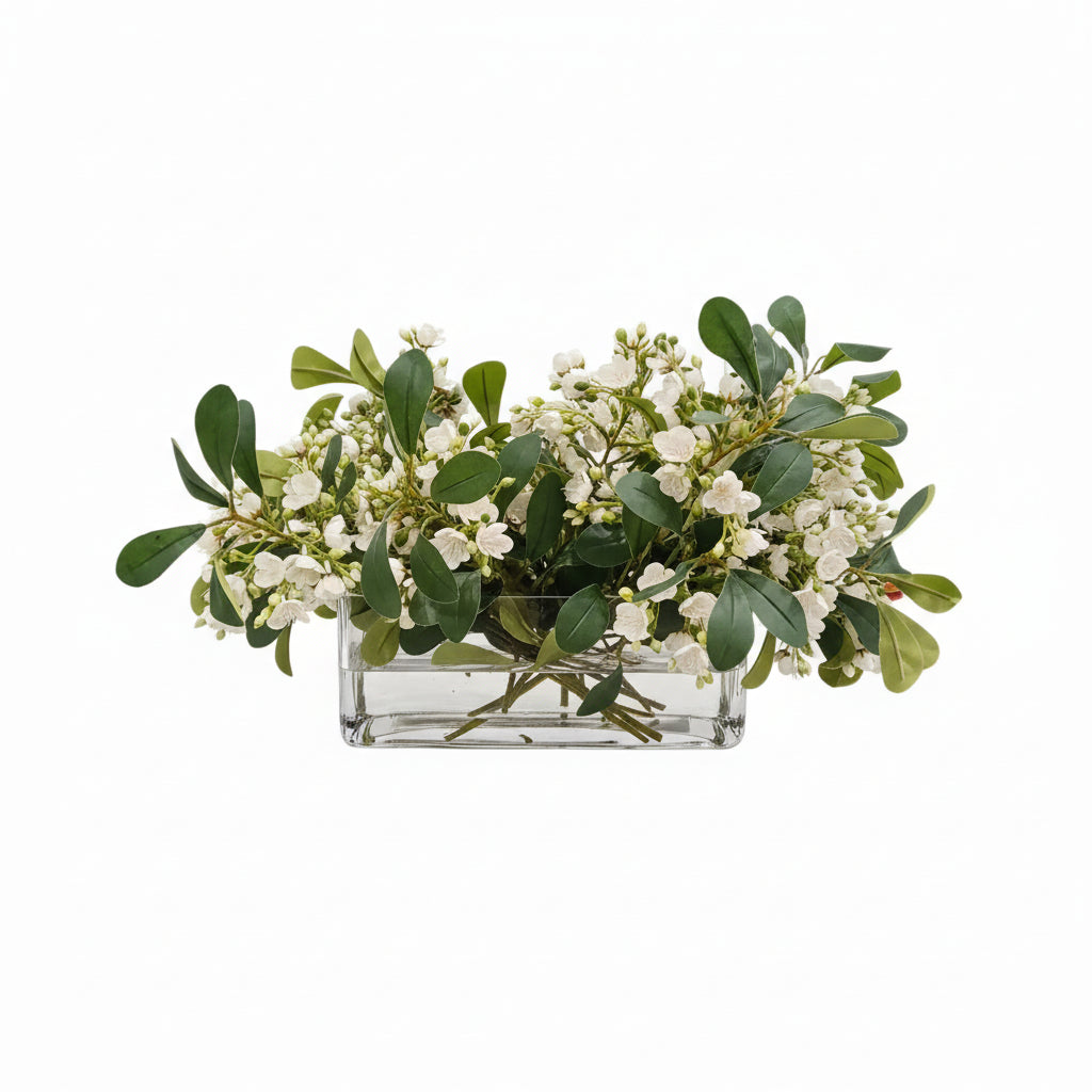 Flaura White Flowers & Stems in Glass Vase