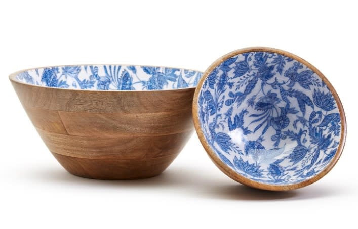 Blue Batik Hand Crafted Wooden Bowls with Enamel