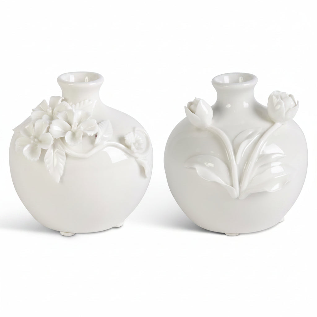 White ceramic bud vase with raised flowers