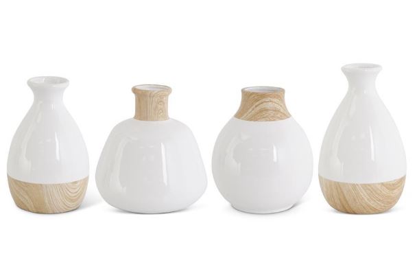 White Stoneware Vase with Wood Decal Base