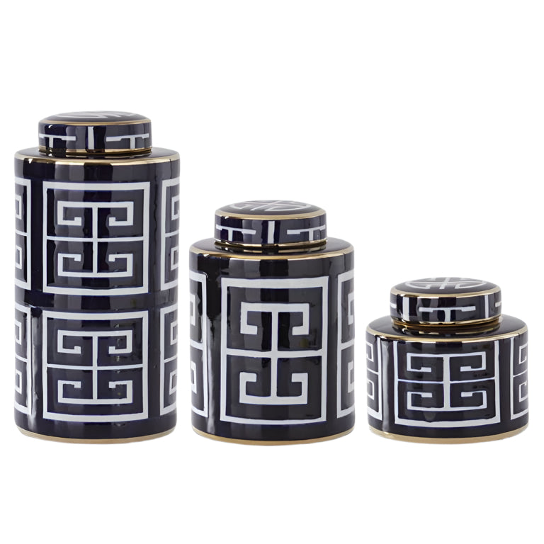 Greek Key Lidded Porcelain Containers