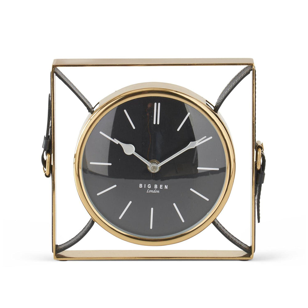 Square Gold Metal w/Black Leather Big Ben London Table Clock