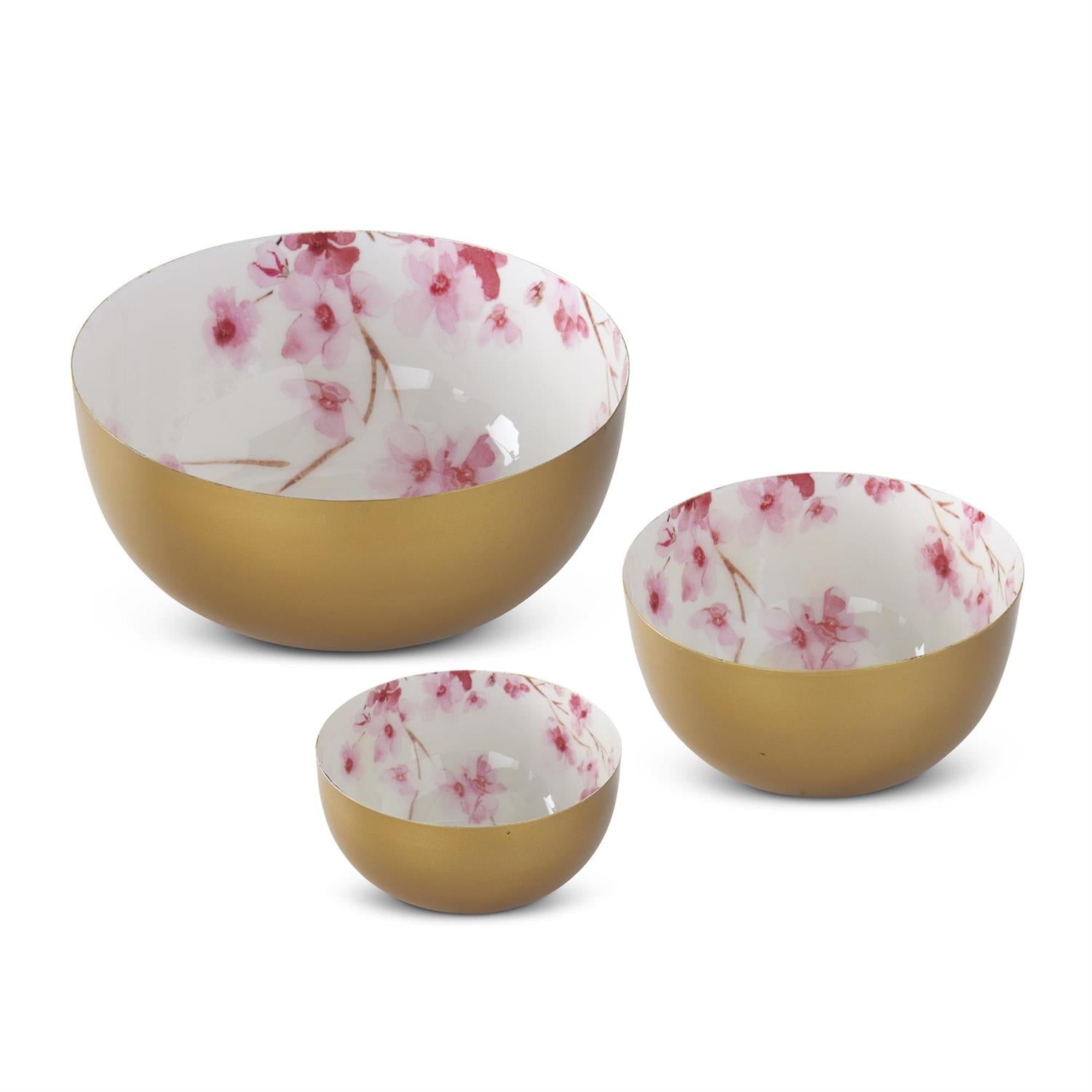 Set of 3 White & Pink Cherry Blossom Enameled Gold Bowls