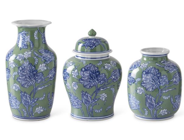 Blue Green & White Ceramic Vase & Jar