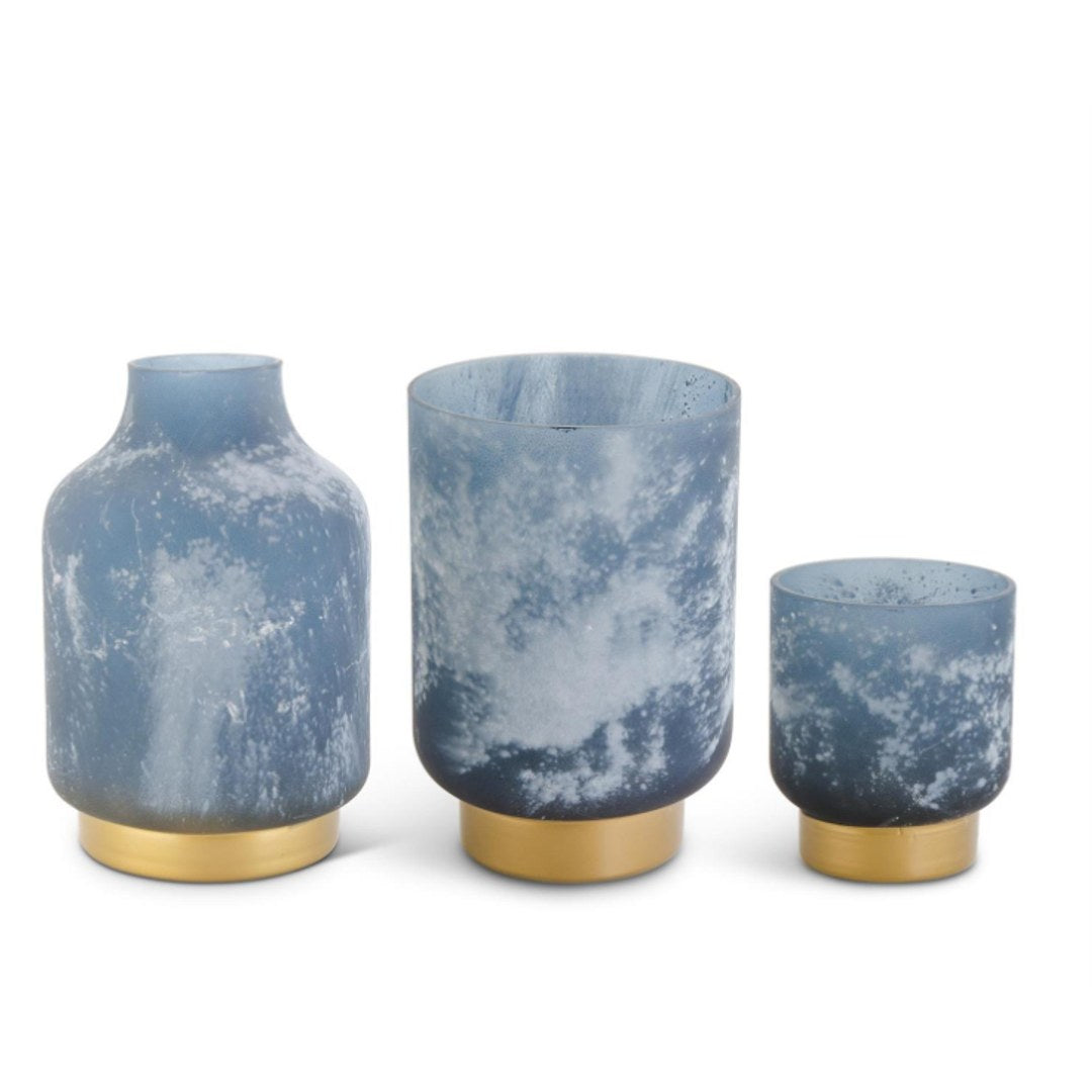 Set of 3 Frosted Blue Glass Containers w/Gold Bases — Small
