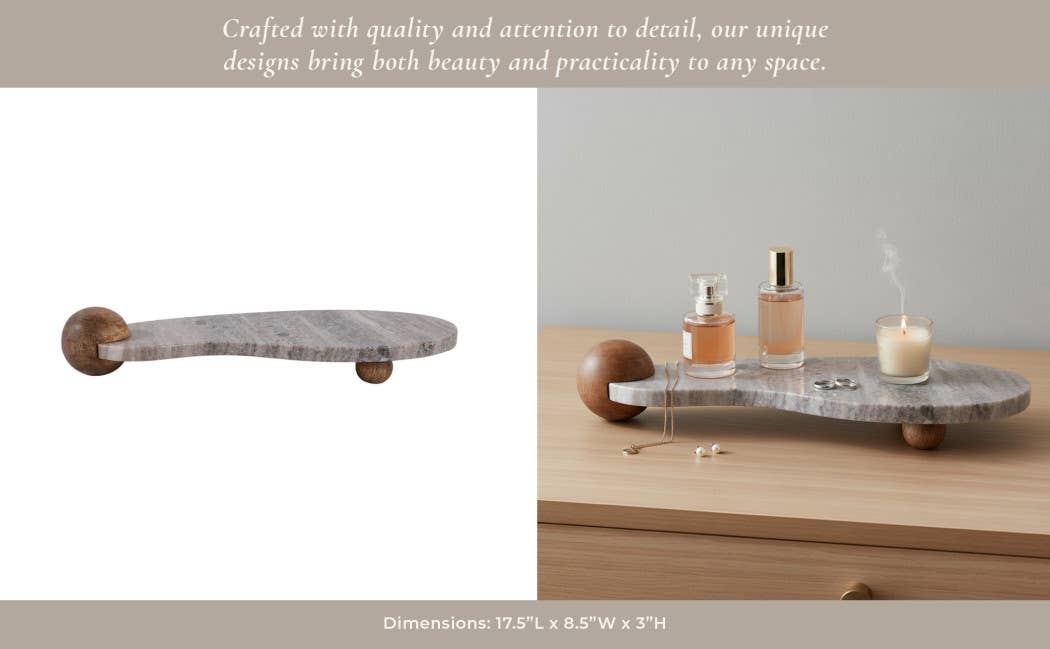 Decorative Tray - Beige Marble Curvy on Wood Ball Feet,17 in