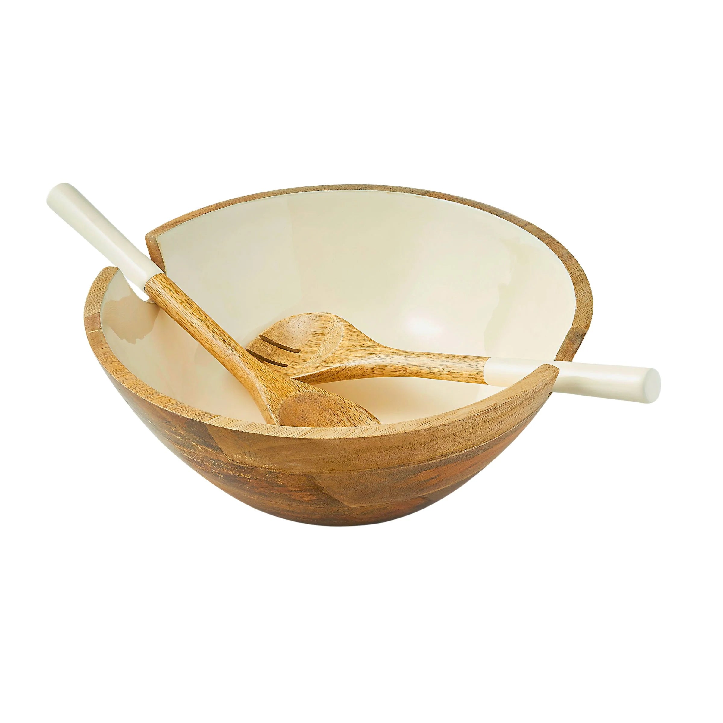 Huck Wood & Enamel Salad Bowl with Servers