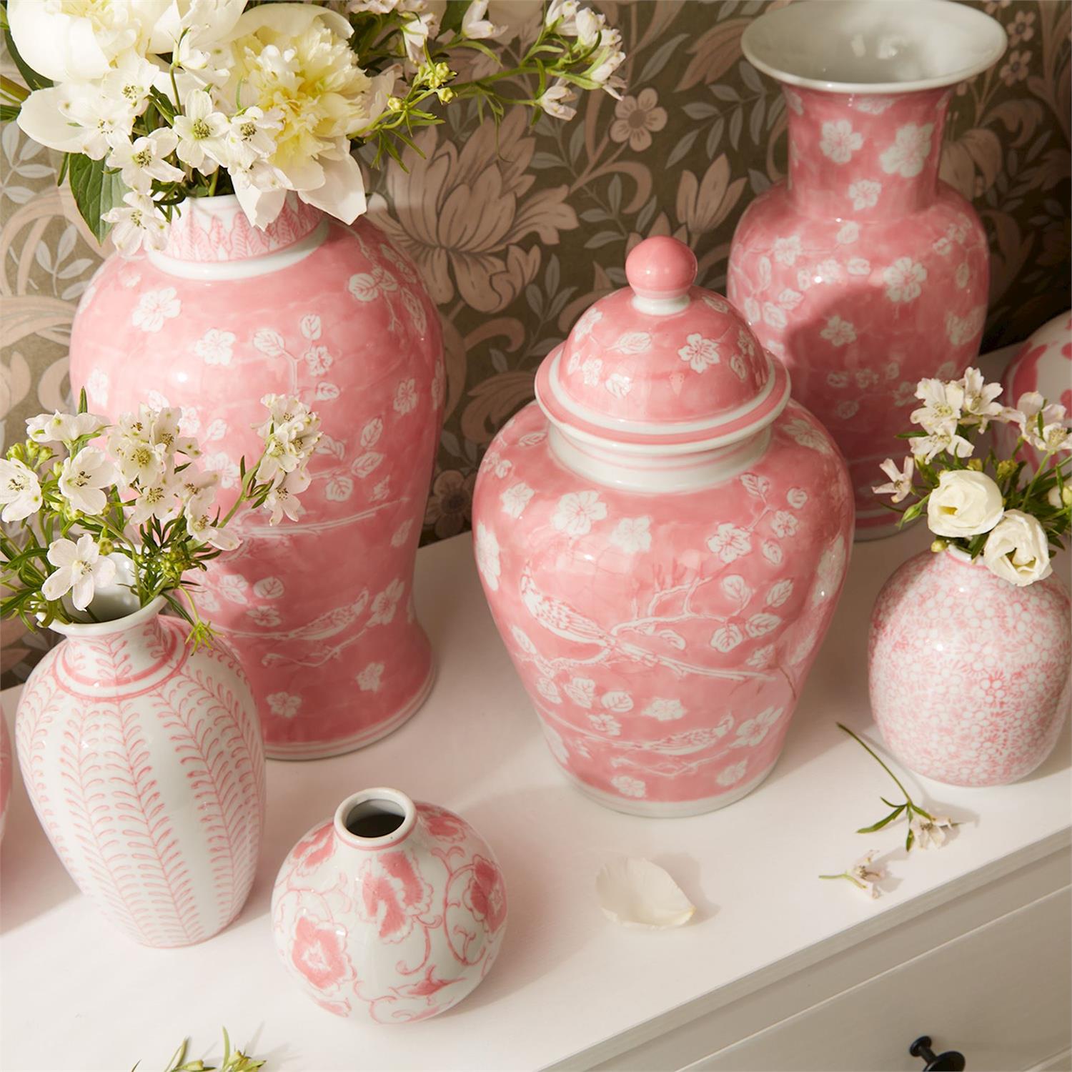 Pink Chinoiserie Hand-Painted Bud Vases