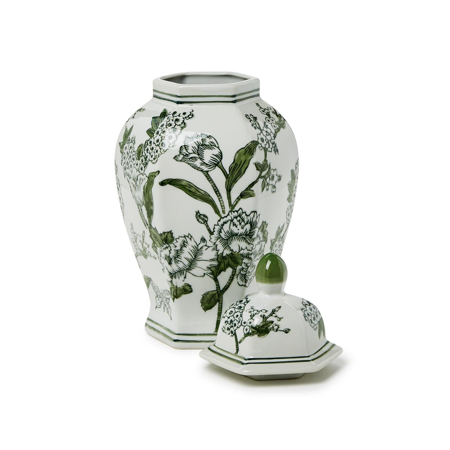 Primrose and Lotus Chinoiserie Hexagonal Jar with Lid