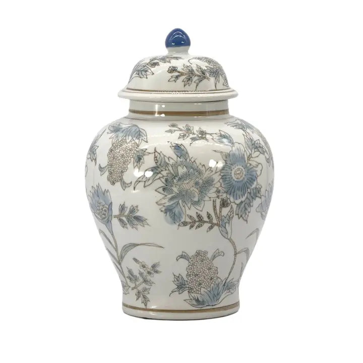 White & Blue Floral Ceramic Chinoiserie Jar