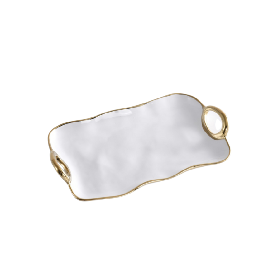 White Porcelain Platter with Gold Handles