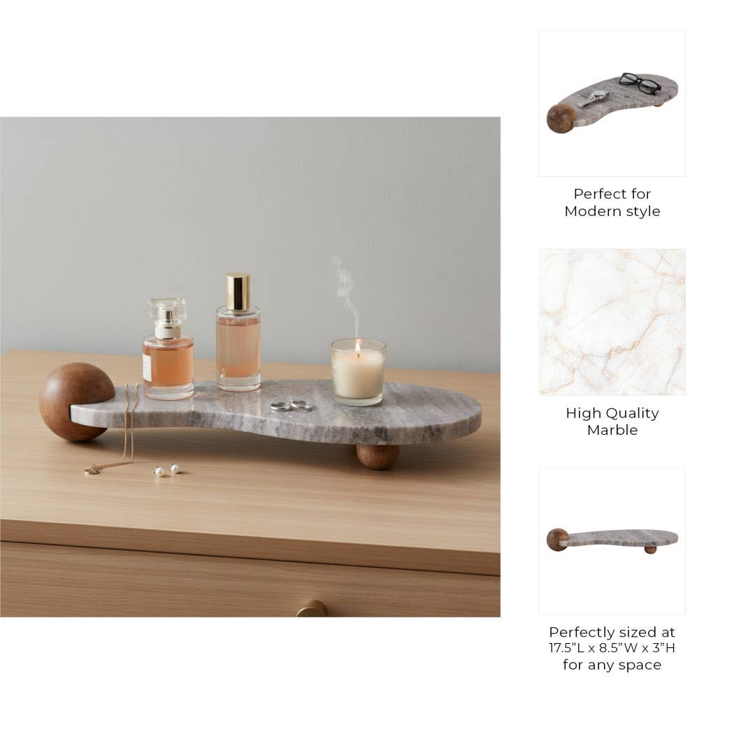 Decorative Tray - Beige Marble Curvy on Wood Ball Feet,17 in