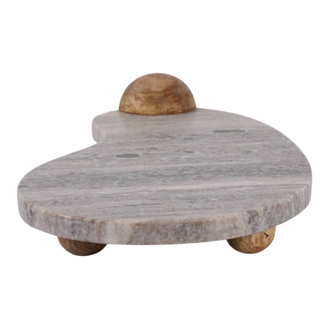 Decorative Tray - Beige Marble Curvy on Wood Ball Feet,17 in